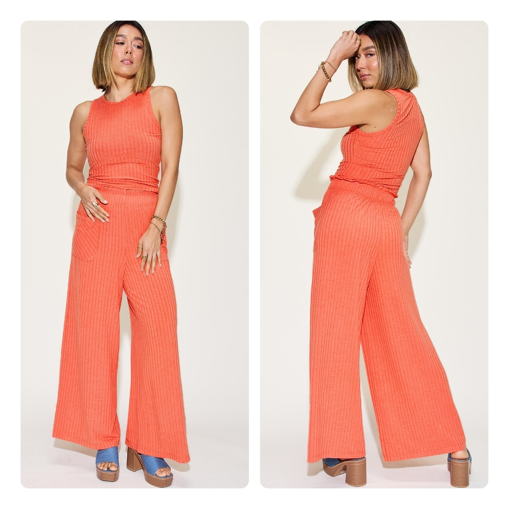 Daring Orange Ribbed Tank and Wide Leg Pants Set